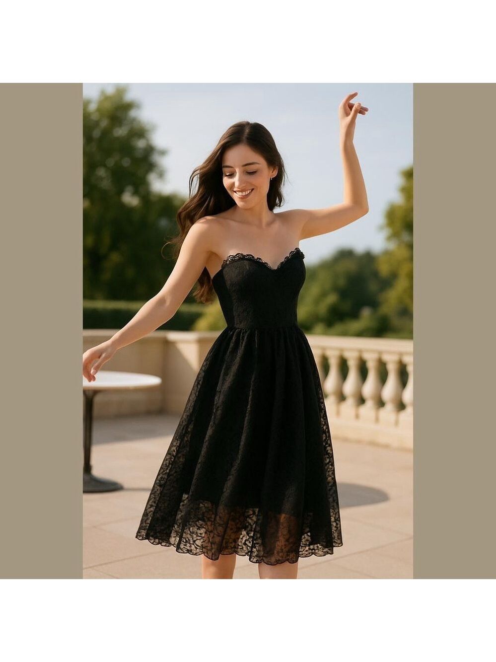 70s SUPERSTITION BLACK LACE FIT & FLARE GOTH STRAPLESS MIDI PARTY DRESS SZ M
